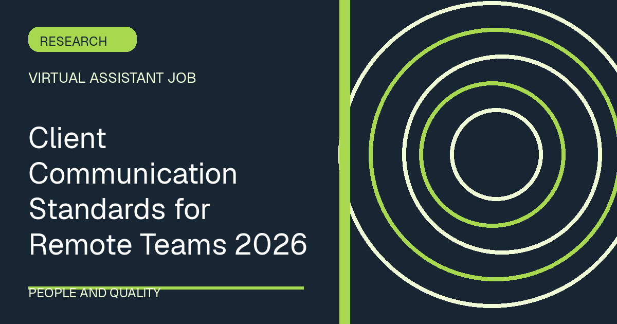 Client Communication Standards for Remote Teams 2026 illustrated with orbit shapes in the slate-lime palette