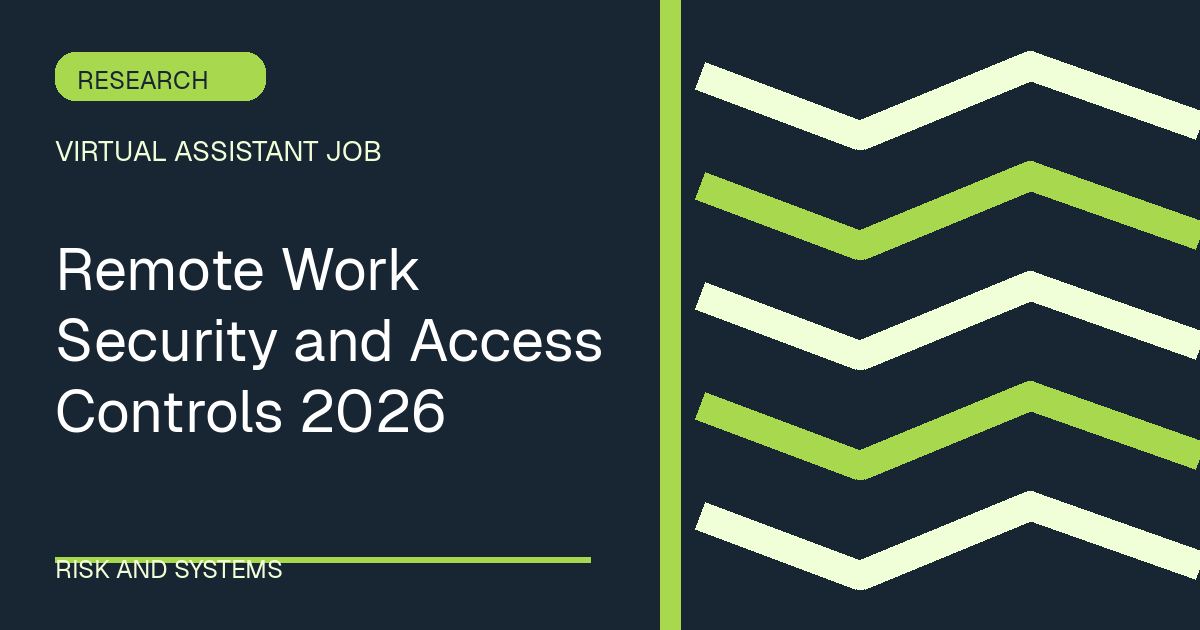 Remote Work Security and Access Controls 2026 illustrated with ribbons shapes in the slate-lime palette
