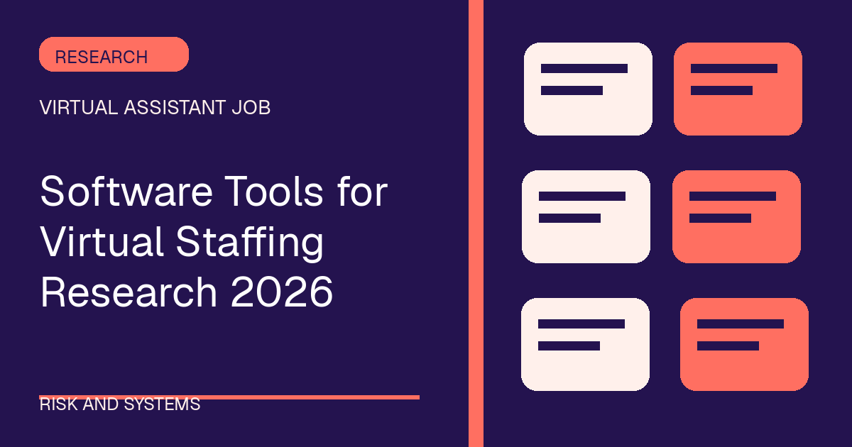 Software Tools for Virtual Staffing Research 2026 illustrated with windows shapes in the indigo-coral palette
