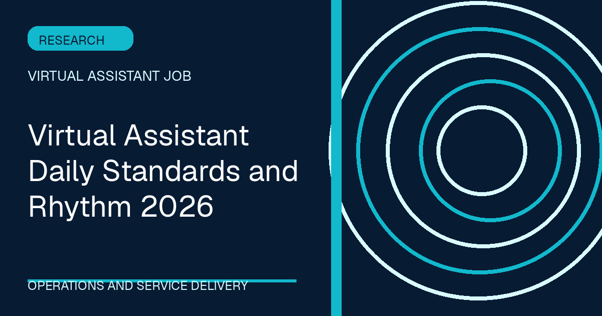 Virtual Assistant Daily Standards and Rhythm 2026 illustrated with orbit shapes in the navy-cyan palette